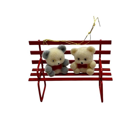 Vintage Avon Teddy Bear Metal Ornament Teddies On A Red Bench - Picture 3 of 6